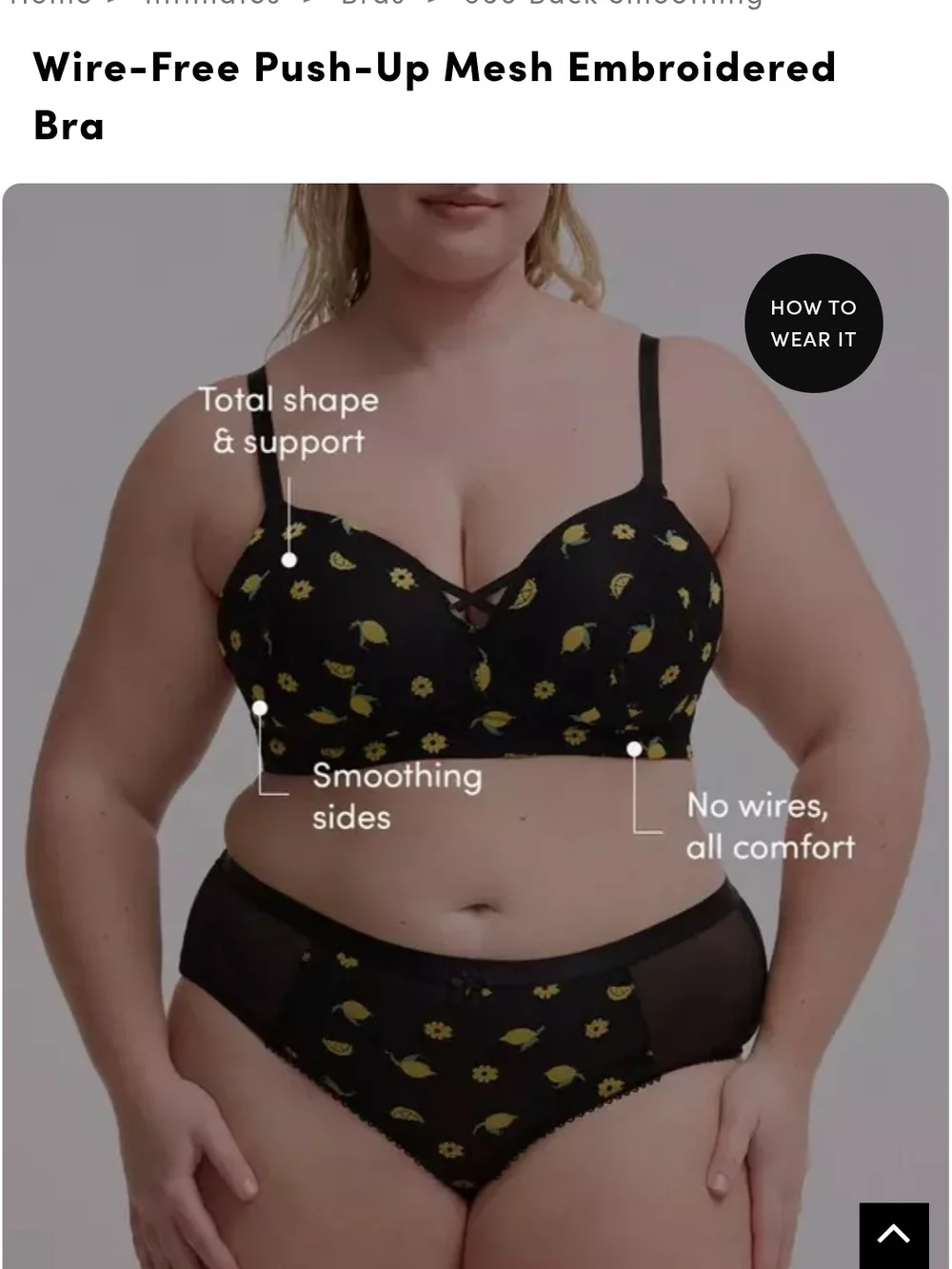 Torrid Wire-Free Push-Up Mesh Embroidered Bra - Black with Yellow Floral 44DD
